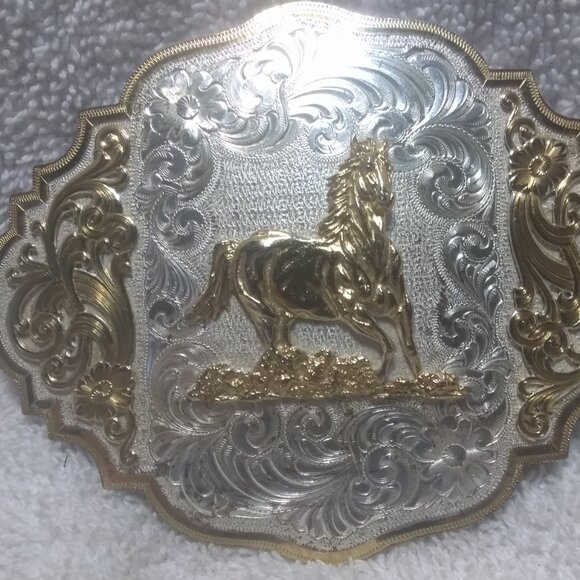 Montana Silversmiths Gold Dancing Horse Buckle Custom Silver Engraved Great !!! main image 10